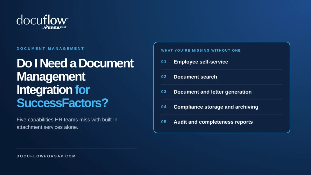 Do I need a document management integration for SuccessFactors? Five capabilities HR teams miss without one: employee self-service, document search, document and letter generation, compliance storage and archiving, and audit and completeness reports.