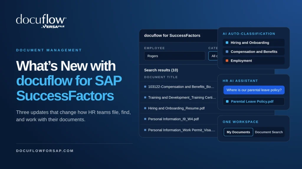 What's new with docuflow for SAP SuccessFactors: AI document classification, HR AI Assistant, and a consolidated document workspace.